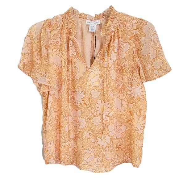 Cupcakes and Cashmere Womens Orange Floral Blouse Ruffled Neck Size M NWT - Picture 1 of 11
